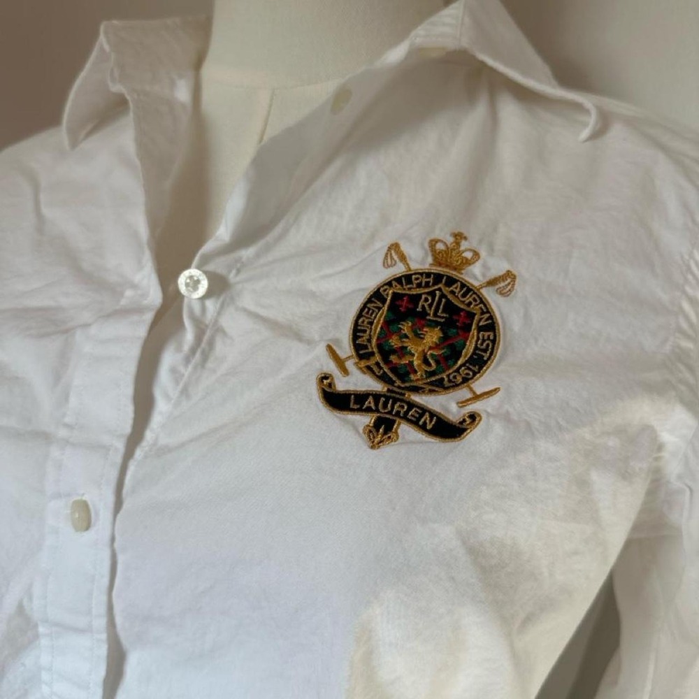 Vintage Lauren Ralph Lauren White Crest Button Down Shirt Preppy Academia Size S - Picture 2 of 7